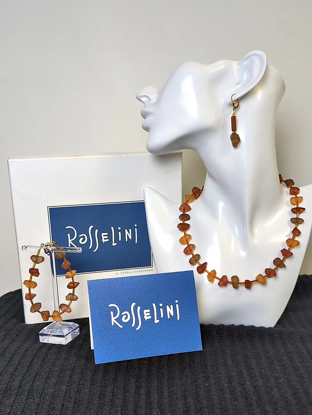 NIB Rosselini Vintage Germany Brown Art Glass Necklace Bracelet Earring Set 2068